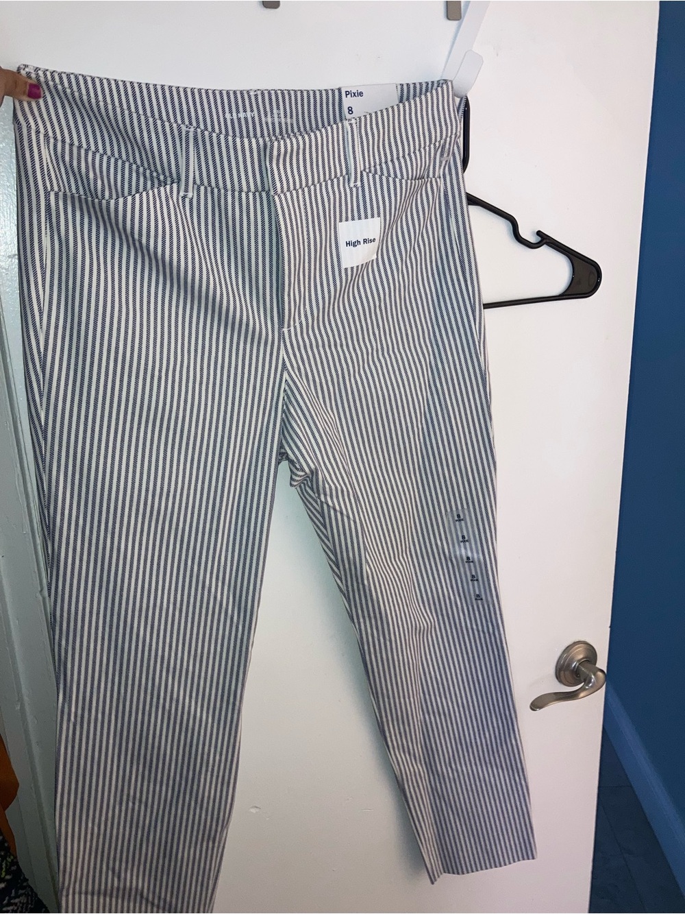 Striped High-Rise Ankle Pants, Navy and White
